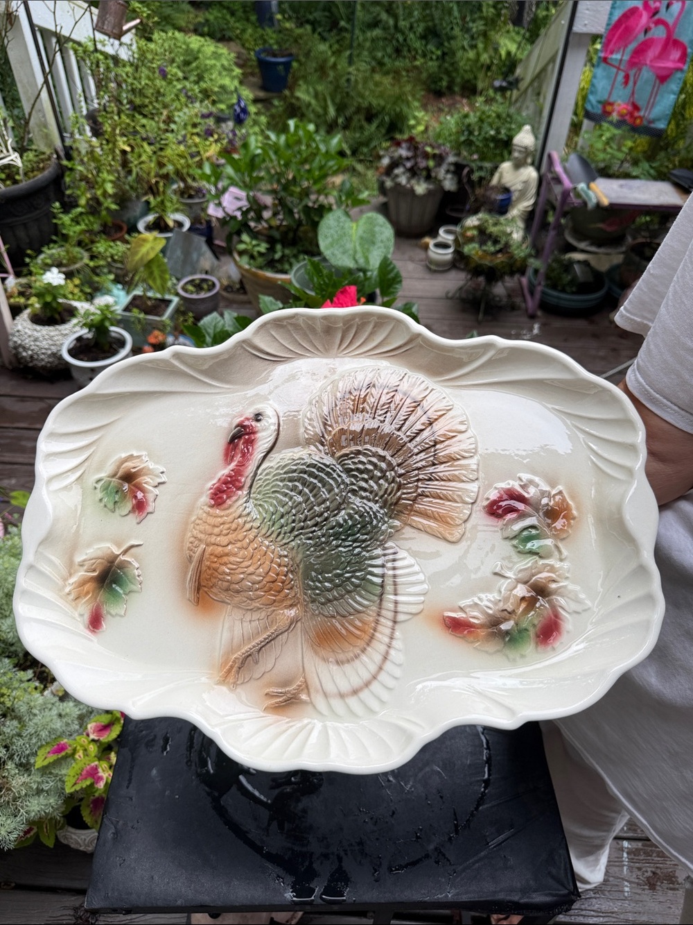 Hand-Painted Cream Ceramic Turkey Platter Tray with Autumn Accents